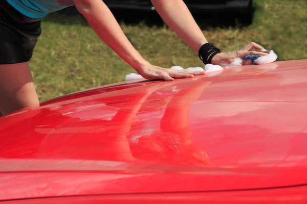 Red car washing — Stock Photo, Image