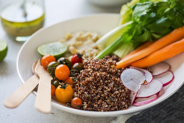 Quinoa met salade van selderij, wortel en hummus — Stockfoto