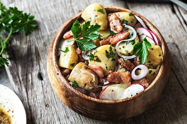 Potato Bacon Radish Salad Wooden Bowl — Stock Photo, Image