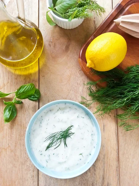 Yogurt and Sour cream with dill — Stock Photo, Image