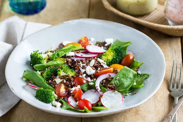 Quinoa vermelha com salada de espinafre e queijo feta — Fotografia de Stock