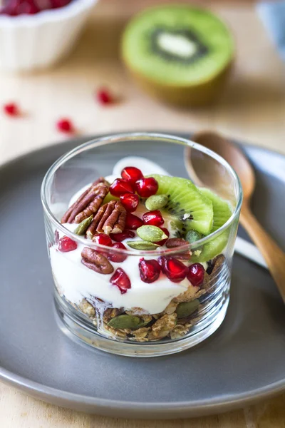 Muesli z jogurtem greckim, Kiwi i granat — Zdjęcie stockowe