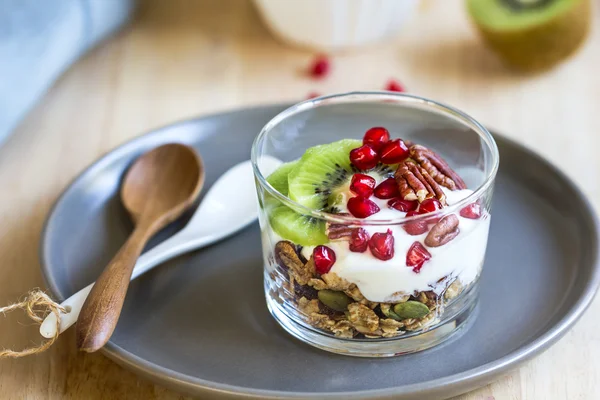 Muesli z jogurtem greckim, Kiwi i granat — Zdjęcie stockowe