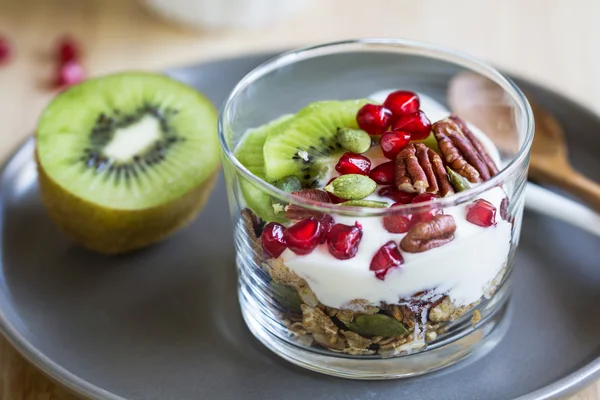 Müsli mit griechischem Joghurt, Kiwi und Granatapfel — Stockfoto