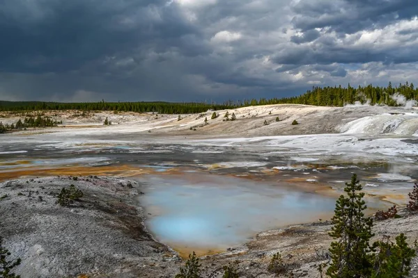 A geyser, steam and water boils from the ground in the well known preserve park