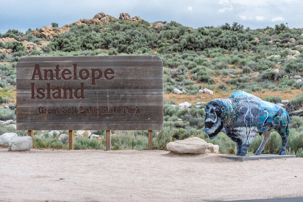 Antelope Island SP, UT, USA - June 16, 2020: A welcoming signboard at the entry point of the preserve park