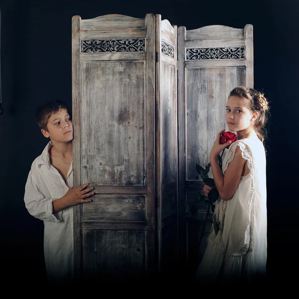 Brother and the sister blondes, children in white, children before going to bed — Zdjęcie stockowe