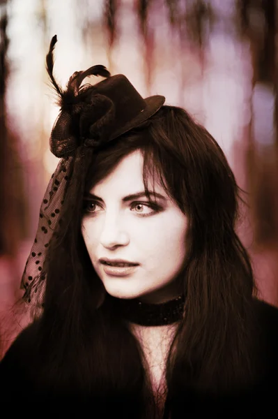 Mademoiselle in Bois de Boulogne Paris, Violinist girl in little black dress, Sexual brunette — Stock Photo, Image