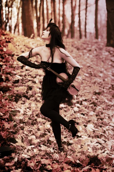 Mademoiselle in Bois de Boulogne Paris, Violinist girl in little black dress, Violinist, sexual brunette — Stock Photo, Image