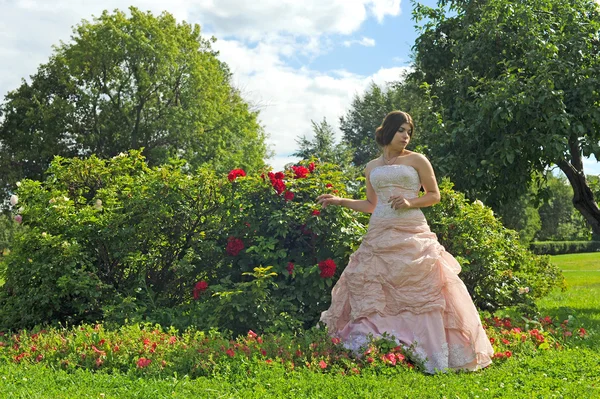 Garten, Mädchen im Garten, Sommer, Mädchen mit rosa Busch, rosa Busch, rosa Kleid, Edelfrau, Braut, Hochzeitskleid, kolomna, moskau, kolomna park, — Stockfoto