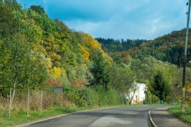 Renkli ve parlak sonbahar ormanı, dağların manzarası. Dağlarda sonbahar. Baykuş Dağları.