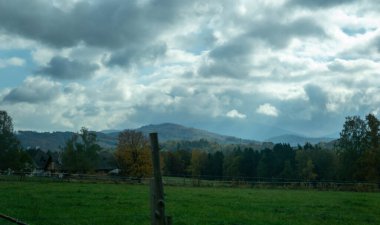 Renkli ve parlak sonbahar ormanı, dağların manzarası. Dağlarda sonbahar. Baykuş Dağları.