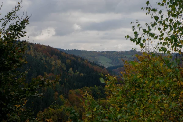 Bunte Und Helle Herbstwälder Bergpanorama Herbst Den Bergen Eulengebirge — Stockfoto