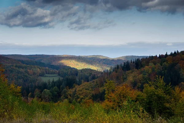 Barevný Jasný Podzimní Les Horské Panorama Podzim Horách Soví Hory — Stock fotografie