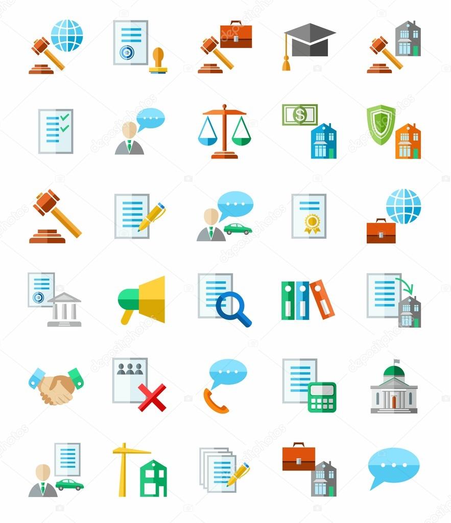 Legal services, colored icons, white background.