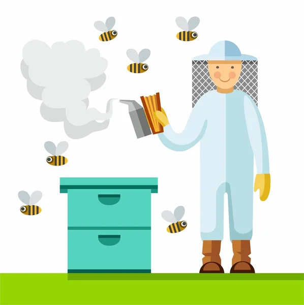 O apicultor no apiário, imagem colorida . — Vetor de Stock