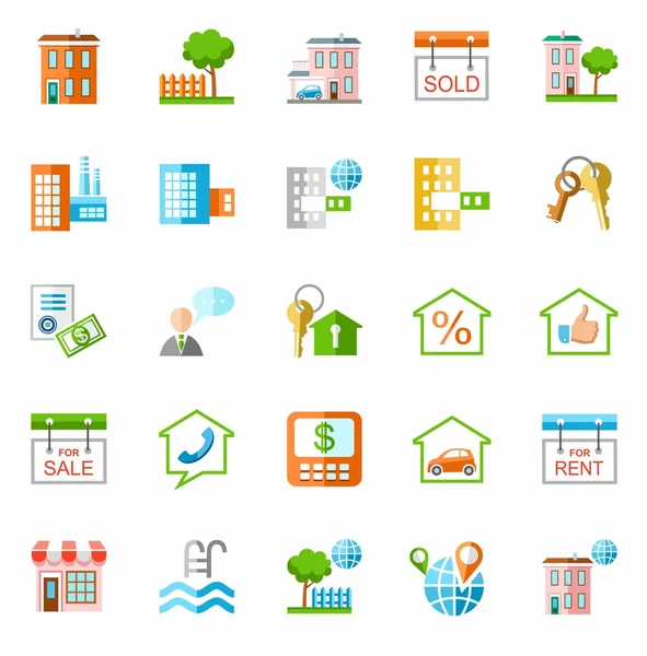 Servicios inmobiliarios y de propiedad, iconos de colores . — Vector de stock