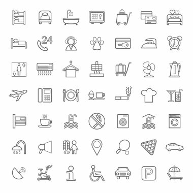 Otel, otel hizmetleri, tek renkli doğrusal simgeler, beyaz arka plan. 