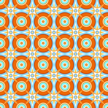 Dikişsiz desen, vektör, turuncu daire ve beyaz yıldız. 