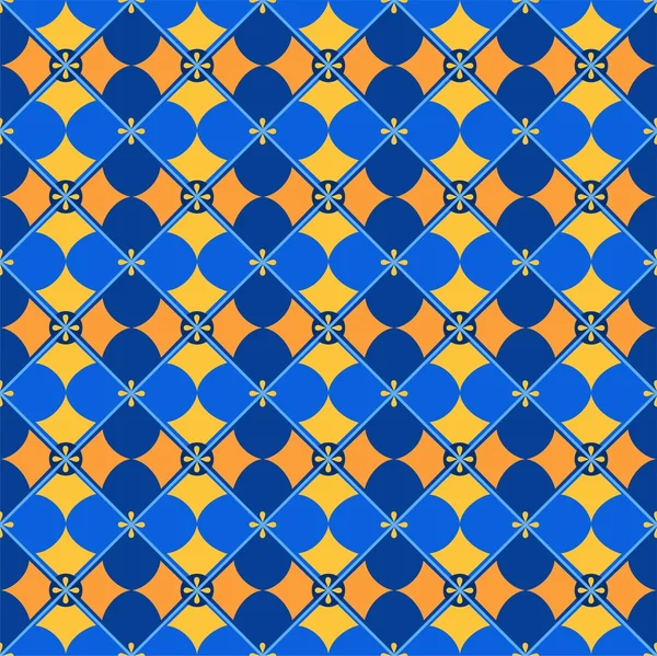 Sömlös bakgrund, geometriska, kronblad, gul blå. — Stock vektor