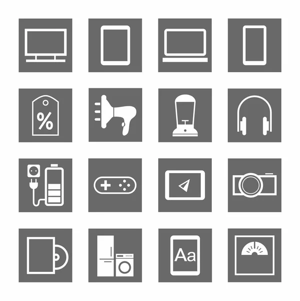 Aparatos electrónicos y electrodomésticos, iconos, monocromáticos, grises . — Archivo Imágenes Vectoriales