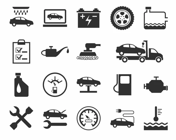 Repair and maintenance of vehicles, single-color icons. — Stock Vector