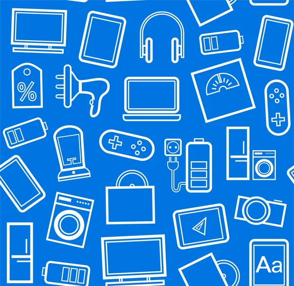 Gadgets y electrónica de consumo, fondo azul, sin costuras, patrón lineal . — Archivo Imágenes Vectoriales