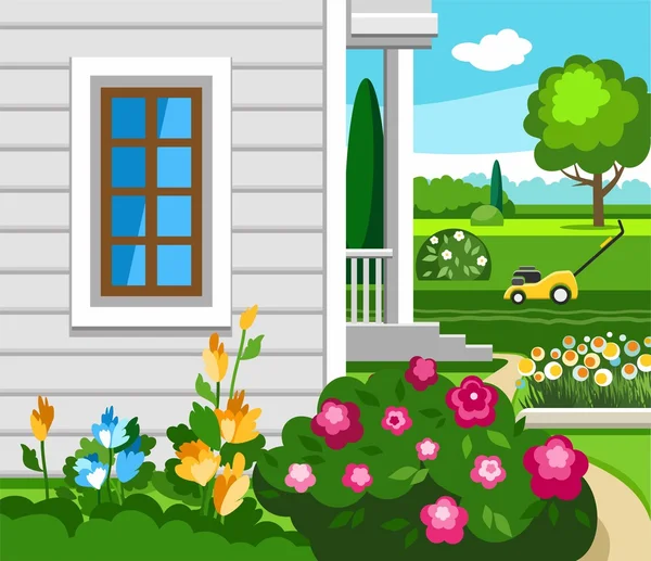 The flowers in the garden near the house, colour illustration. — Stock Vector