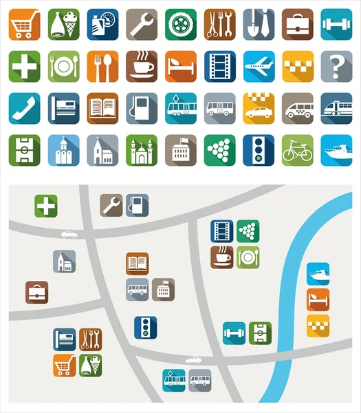 Mapa da cidade, ícones de cor, serviço, serviços urbanos . —  Vetores de Stock