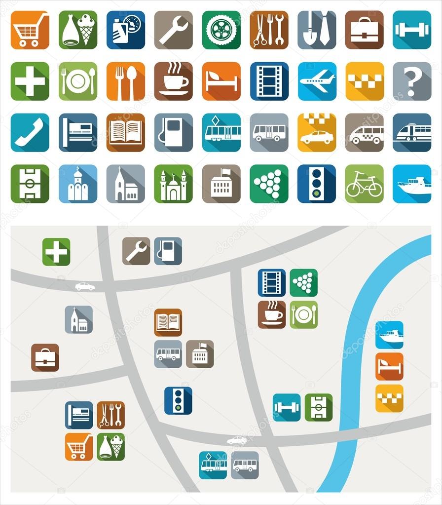 City map, color icons, service, urban services.