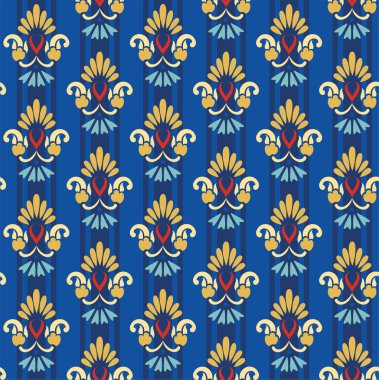 Çizgili mavi bir arka plan üzerinde çiçek altın desenli.