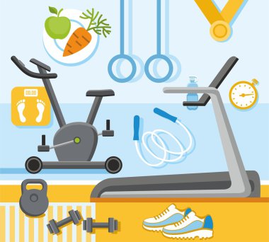 renkli, fitness, spor salonu, düz illüstrasyon.