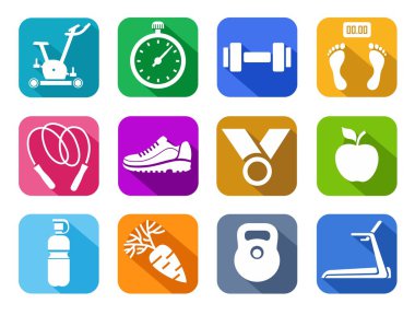 Fitness, spor salonu, renkli düz simgeler.