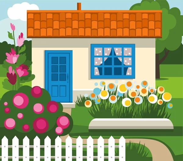 Summer house, garden, flowers, lawn. — Stock Vector