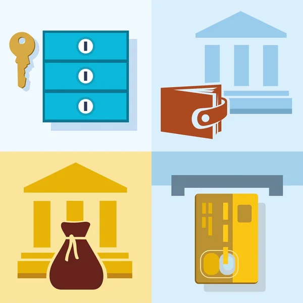 Banco, Finanzas, ahorros, tarjetas de crédito, cajas de seguridad, color, ilustraciones planas, iconos . — Vector de stock