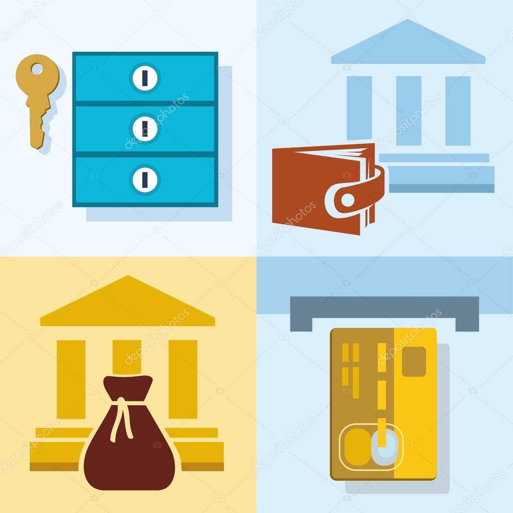 Bank, Finance, savings, credit cards, safe Deposit boxes, colored, flat illustrations, icons.