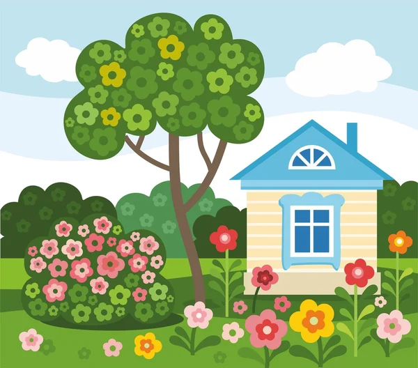 Flores, casa, verão, colorido, plano, ilustração . —  Vetores de Stock