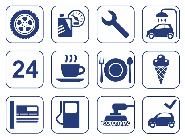 Car wash, auto repair, tire service, cafe, icons, monochrome, flat.