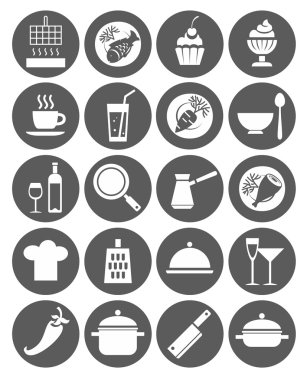 Icons kitchen, restaurant, cafe, food, drinks, utensils, monochrome, flat.