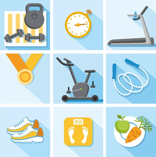 Fitness, gym, healthy lifestyle, colored, flat, illustration, icons. — Stock vektor
