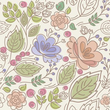 Seamless, floral pattern, color, leaves, berries, twigs, and flowers.