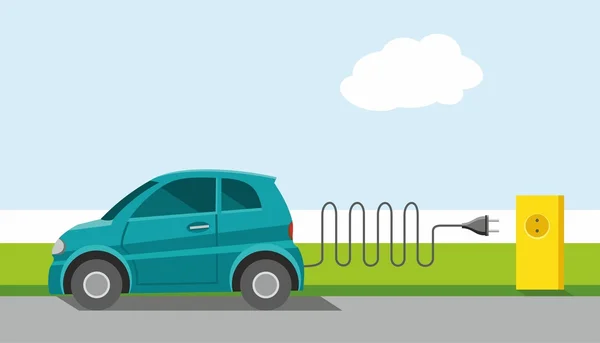 Voiture, environnement, électrique, charge, alimenté par l'énergie, ECOCAR, couleur, plat . — Image vectorielle