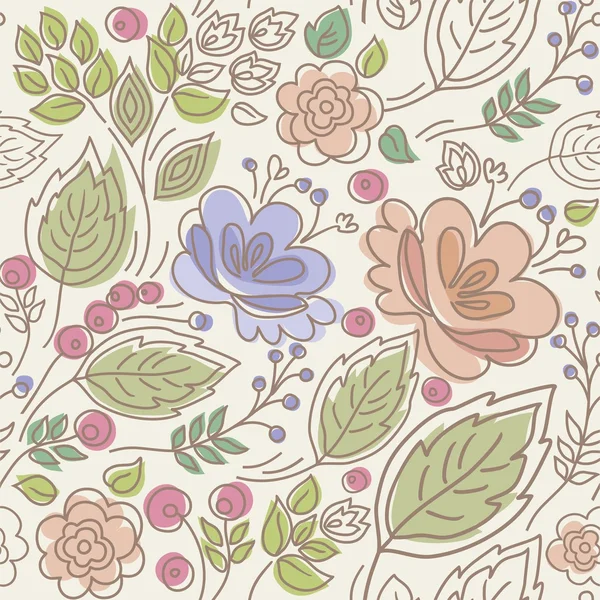 Seamless, floral pattern, color, leaves, berries, twigs, and flowers. — Stockový vektor