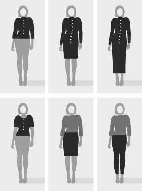Types of women's clothes, black and gray drawings.