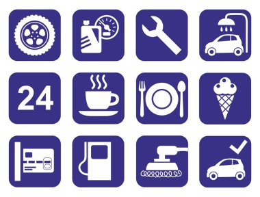 Icons car service, car wash, polishing, tire, cafes, monochrome, flat.