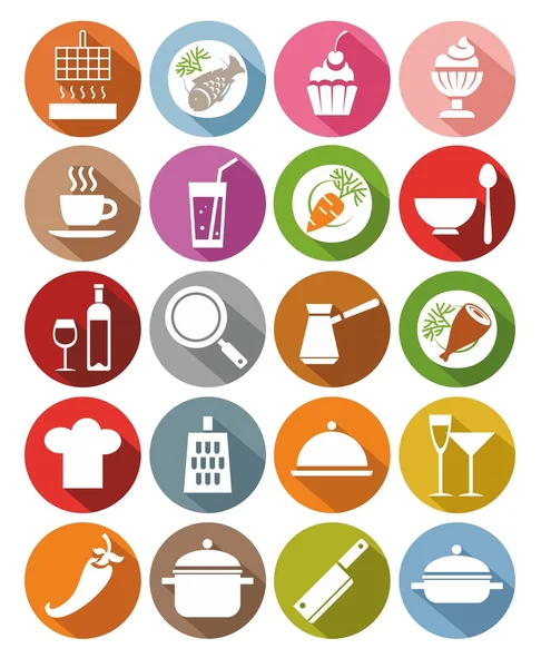 Icons, kitchen, restaurant, food, drinks, utensils, colored, flat. — Wektor stockowy