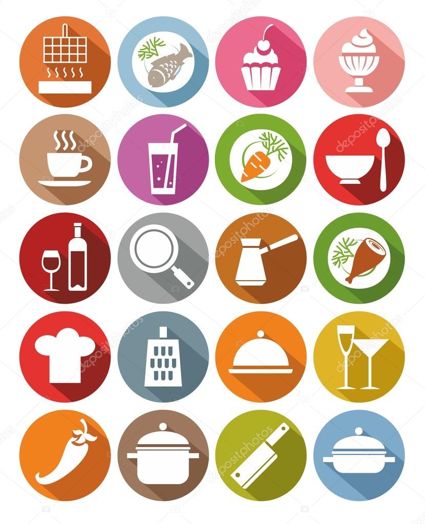 Icons, kitchen, restaurant, food, drinks, utensils, colored, flat.