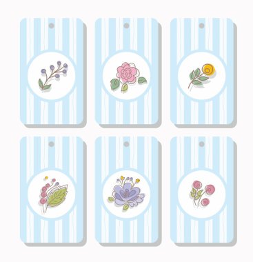 Etiketler, etiket, çiçekler, bitkiler, meyveler, çizgili, mavi.