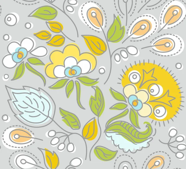 Sömlös grå mönster, gula blommor, vita bär. — Stock vektor