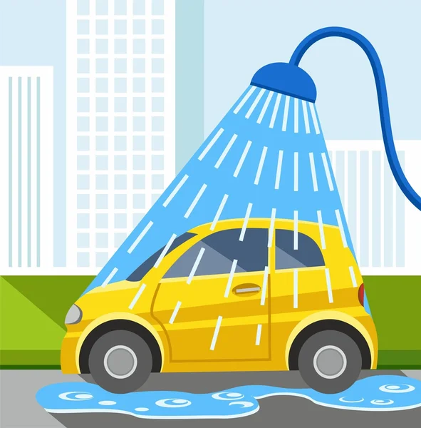 Gele auto, auto, kleur illustratie wassen. — Stockvector